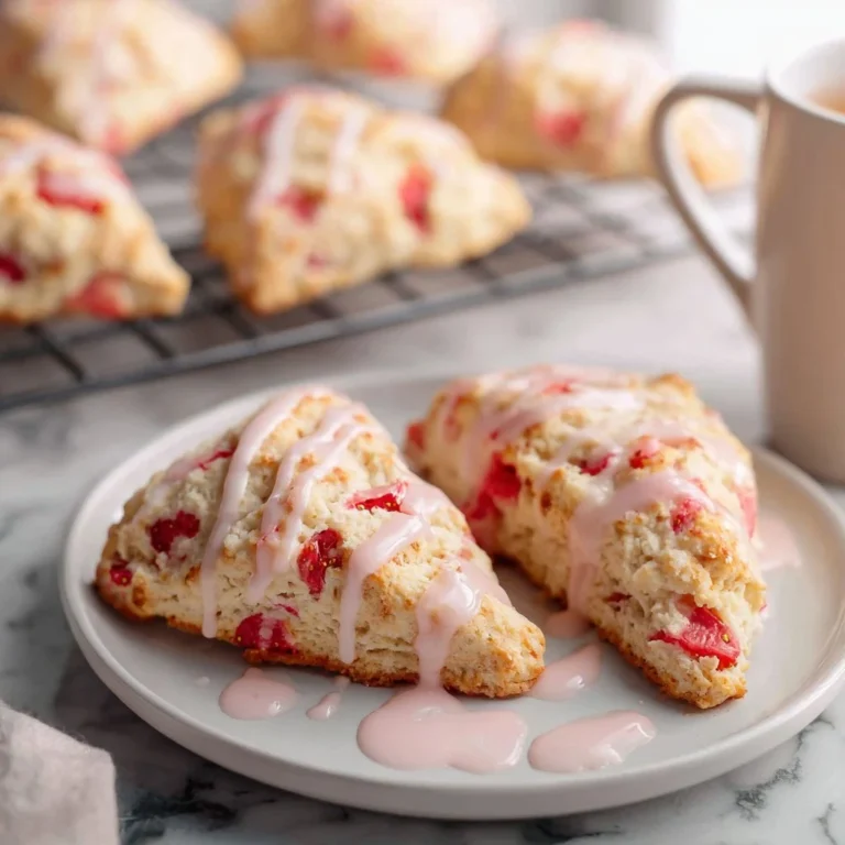 Home 4 Freshly baked strawberry scones on a plate with strawberries