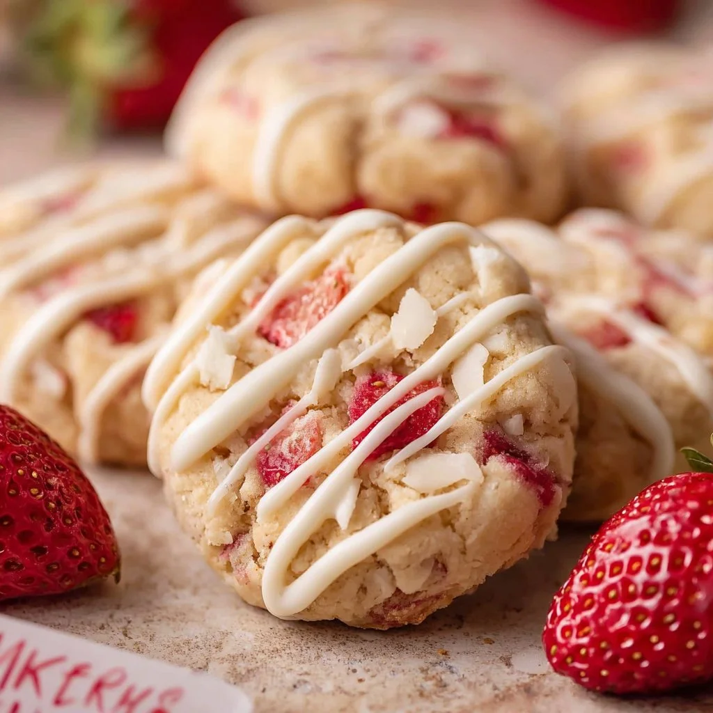 Delicious Strawberry Shortcake Cookies topped with fresh strawberries and whipped cream.