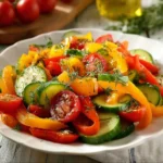 Colorful sweet pepper tomato and cucumber salad in a bowl, fresh and healthy.