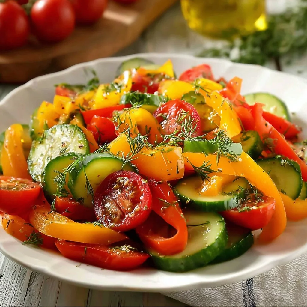 Colorful sweet pepper tomato and cucumber salad in a bowl, fresh and healthy.