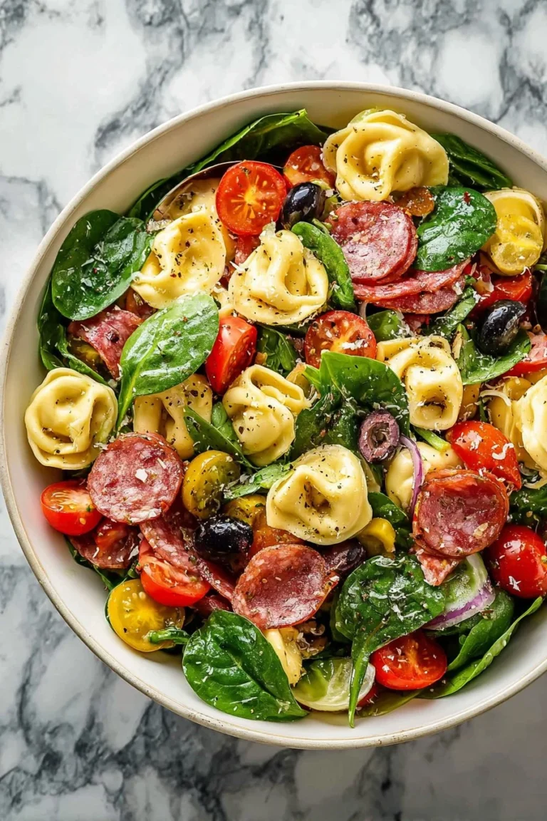 Colorful tortellini pasta salad with vegetables and dressing
