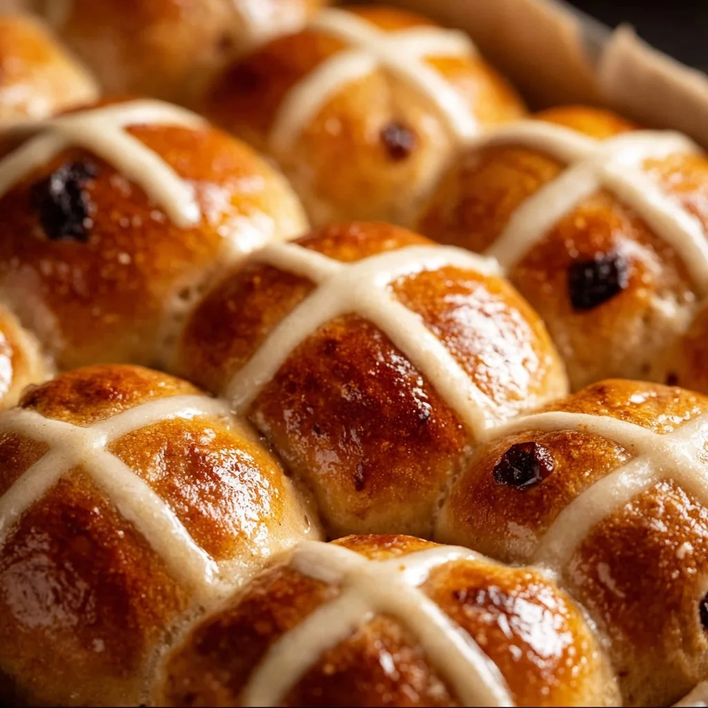 Freshly baked traditional Hot Cross Buns on a wooden table.