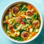 Bowl of hearty Turkey Meatball Soup with vegetables and herbs