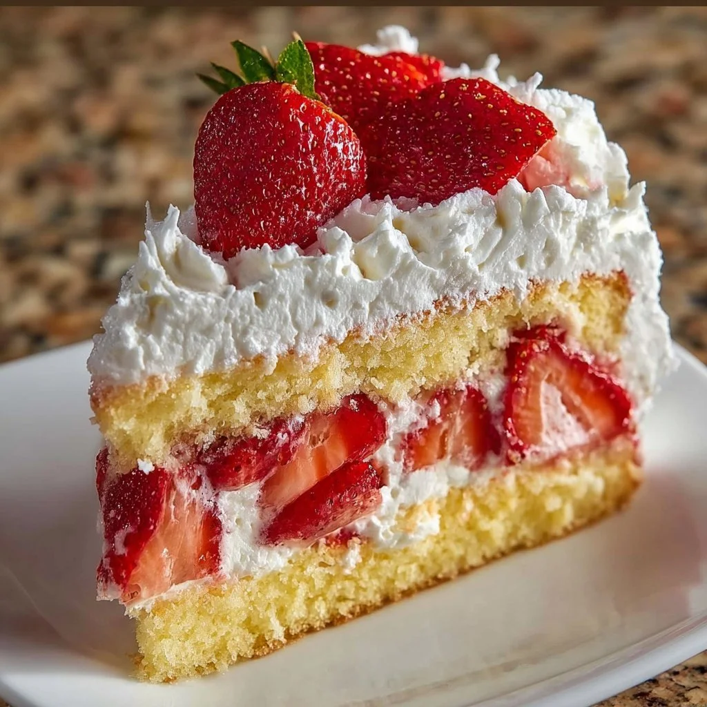 Delicious homemade strawberry shortcake topped with fresh strawberries and whipped cream.