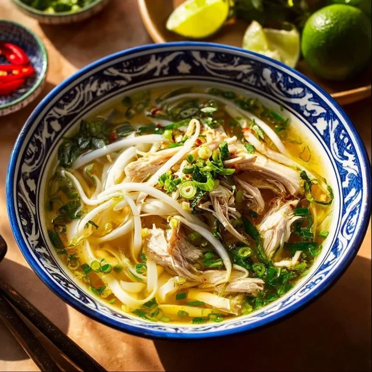 Bowl of traditional Vietnamese chicken noodle soup pho ga with fresh herbs and toppings