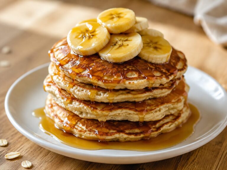 Stack of banana oat pancakes topped with syrup on a white plate