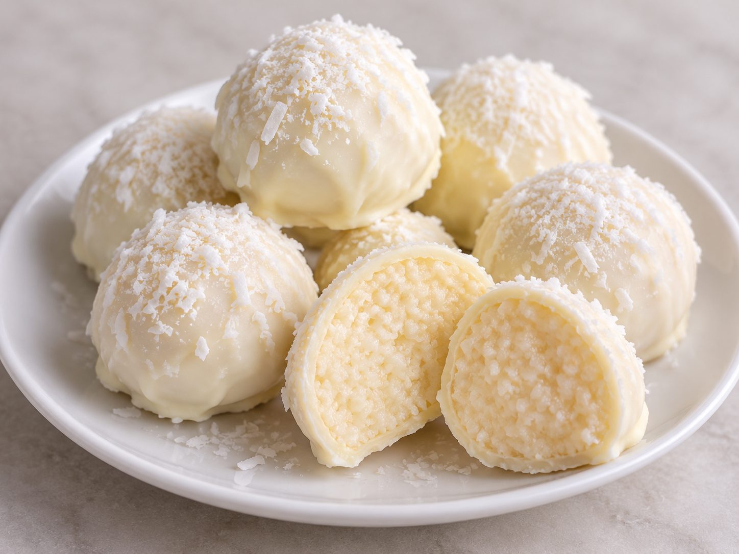 3-Ingredient Coconut Snowball Truffles: A No-Bake Treat You Roll, Freeze, and Dip 3 A plate of coconut snowball truffles with one truffle cut open to show the coconut center