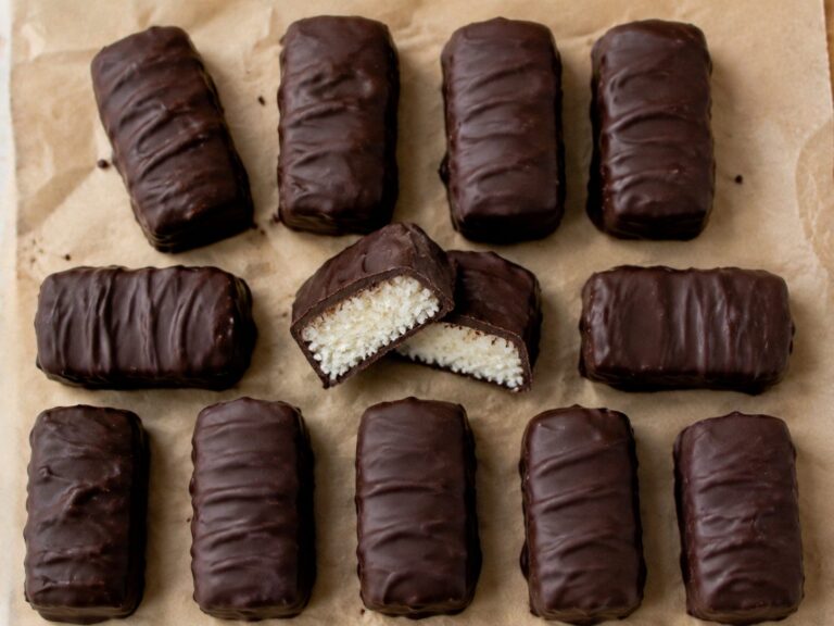 Dark chocolate coconut candy bars on parchment paper with one bar cut in half