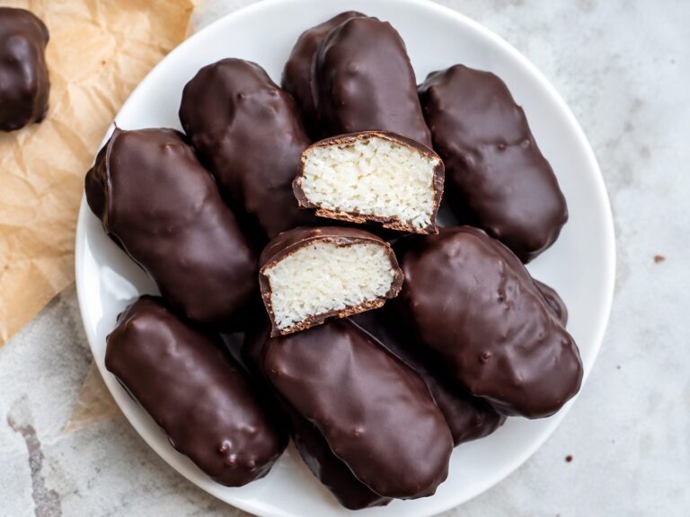 Home 1 Stacked 3-Ingredient Healthy Mounds Bars with dark chocolate shells and coconut centers