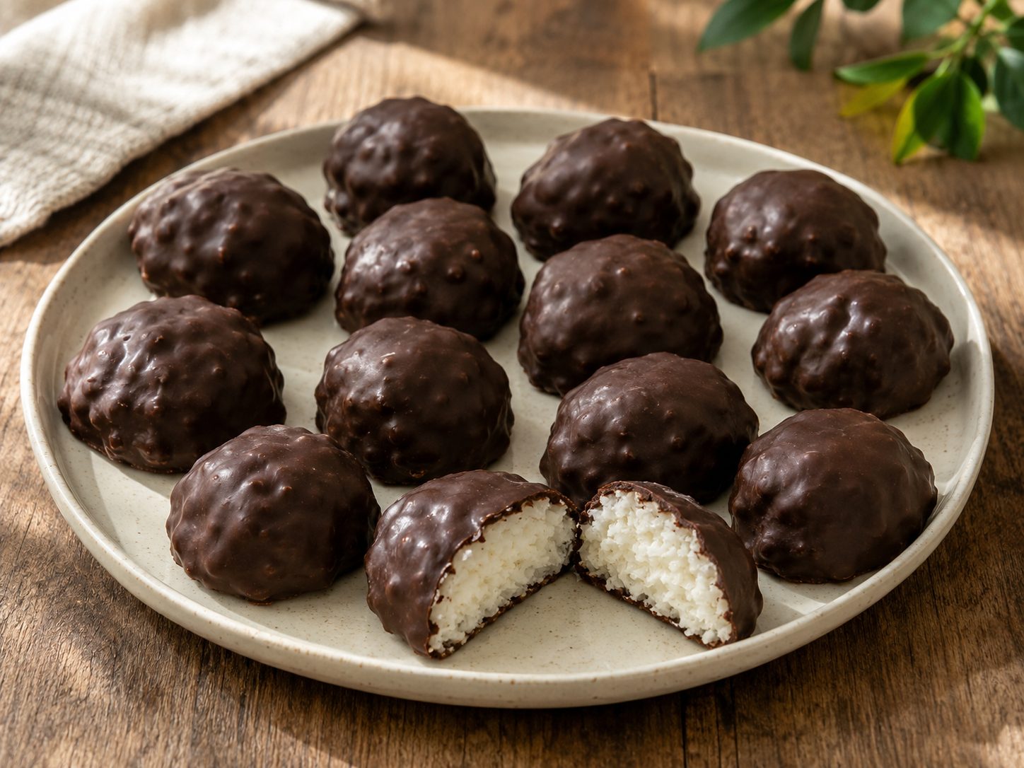 3-Ingredient Healthy Mounds Bars: A No-Bake Coconut Candy You Shape by Hand 3 Platter of 3-Ingredient Healthy Mounds Bars with one bar sliced to show the coconut center