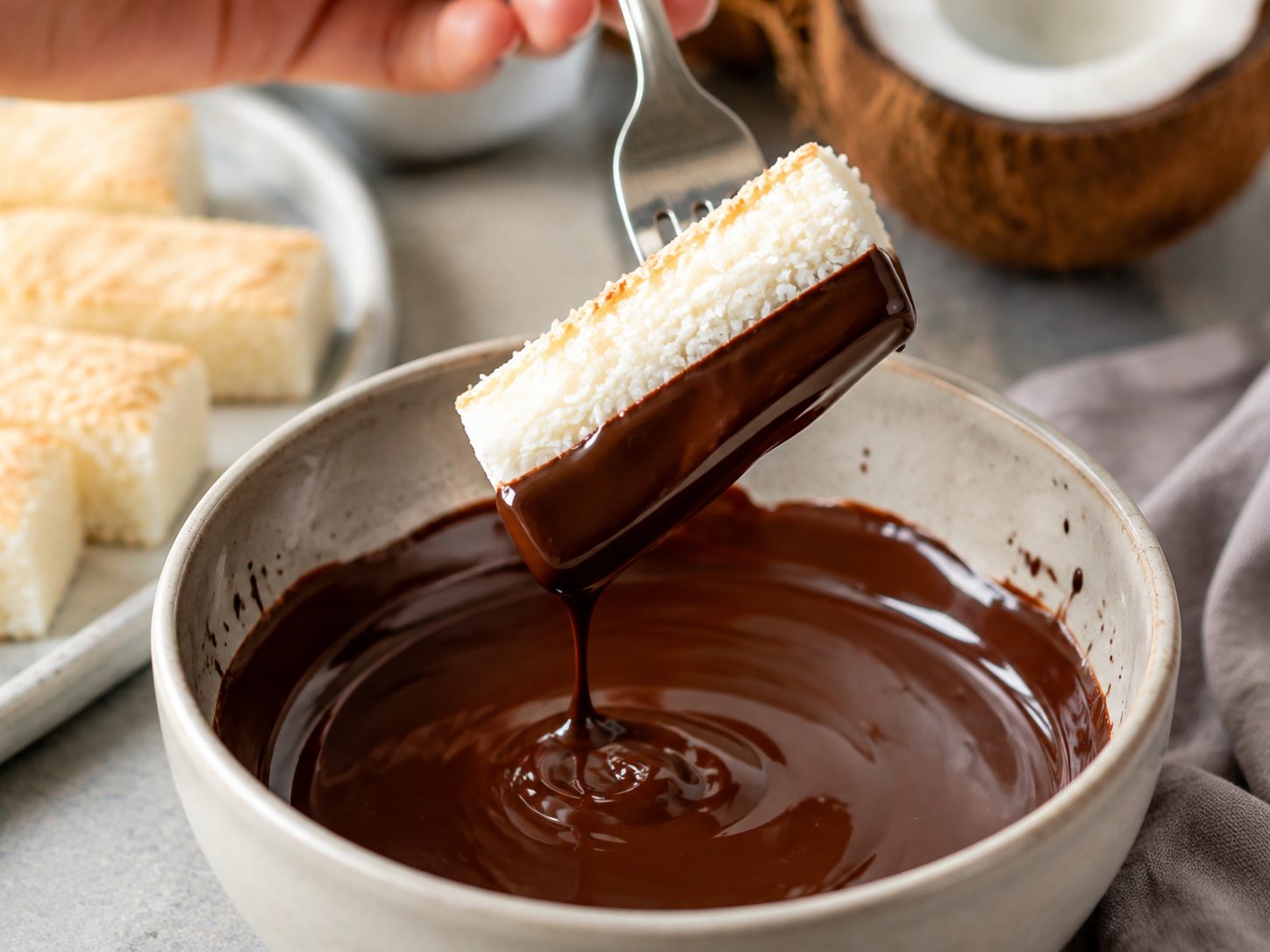 4-Ingredient Mounds Cookie Bars: Coconut Candy Bars Dipped in Melted Chocolate 2 A fork lifting a cut coconut bar out of a bowl of melted chocolate with excess chocolate dripping off