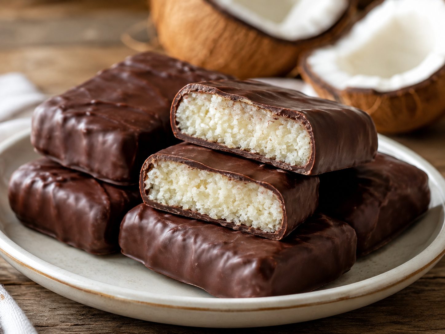 4-Ingredient Mounds Cookie Bars: Coconut Candy Bars Dipped in Melted Chocolate 3 A small stack of chocolate-coated coconut bars on a plate with one bar cut in half to show the filling