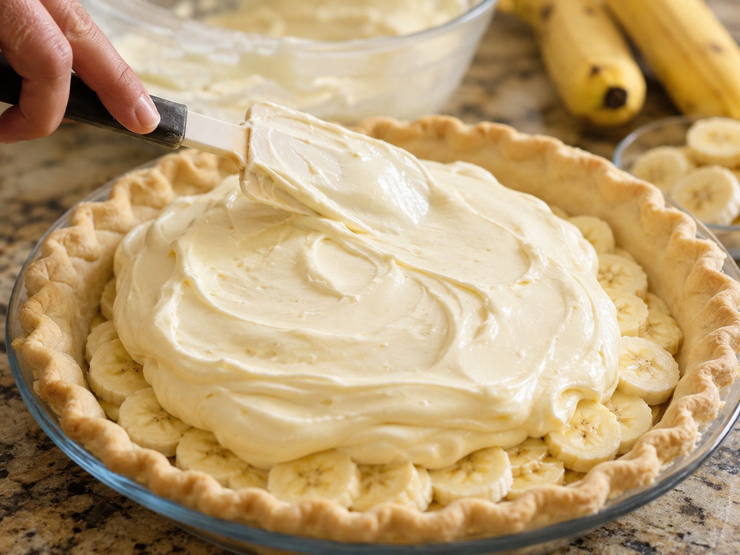 Hand spreading vanilla pudding filling over sliced bananas in a baked pie crust for Banana Cream Pie