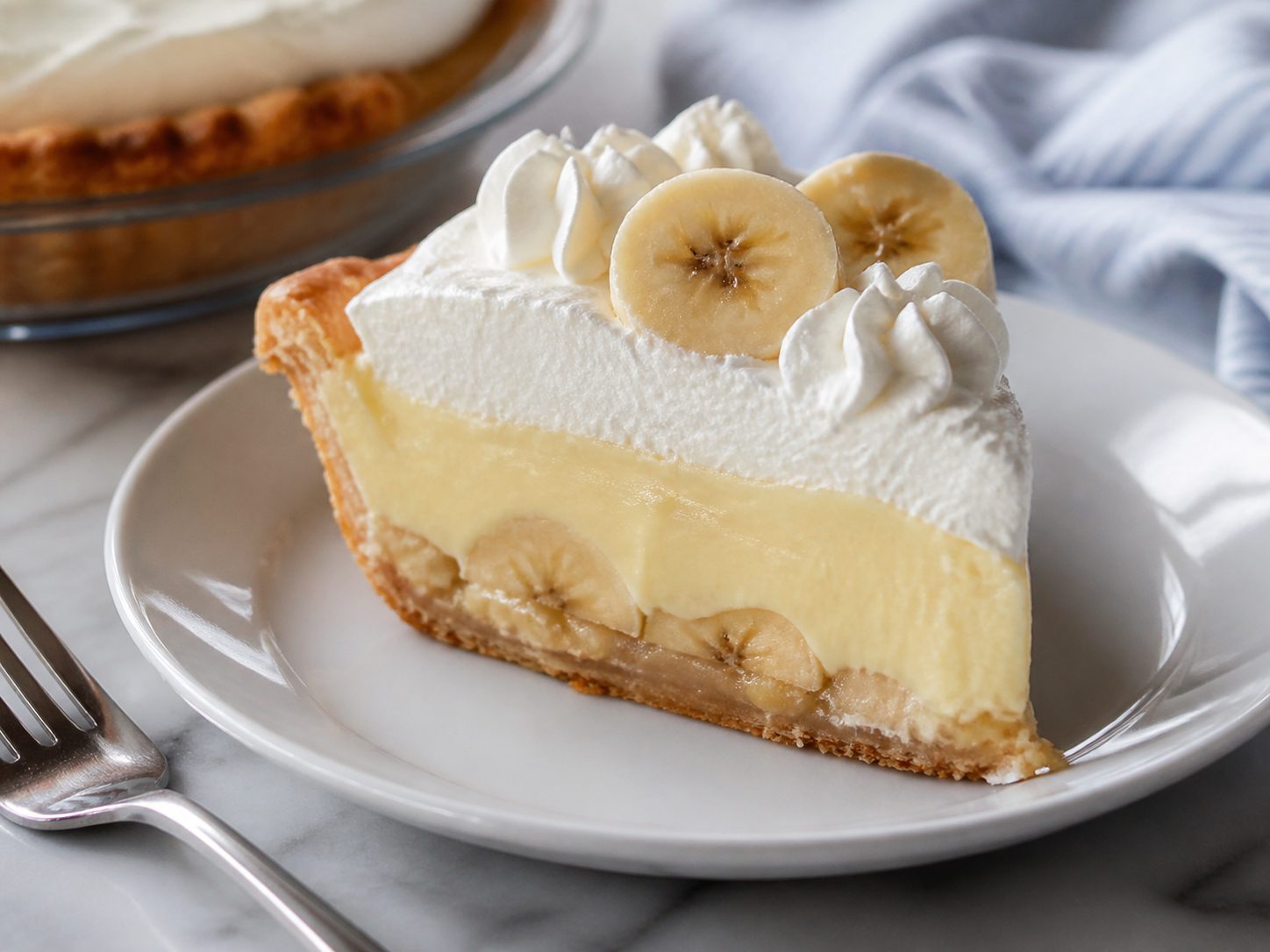 Slice of Banana Cream Pie on a plate showing the baked crust, banana layer, and creamy pudding filling