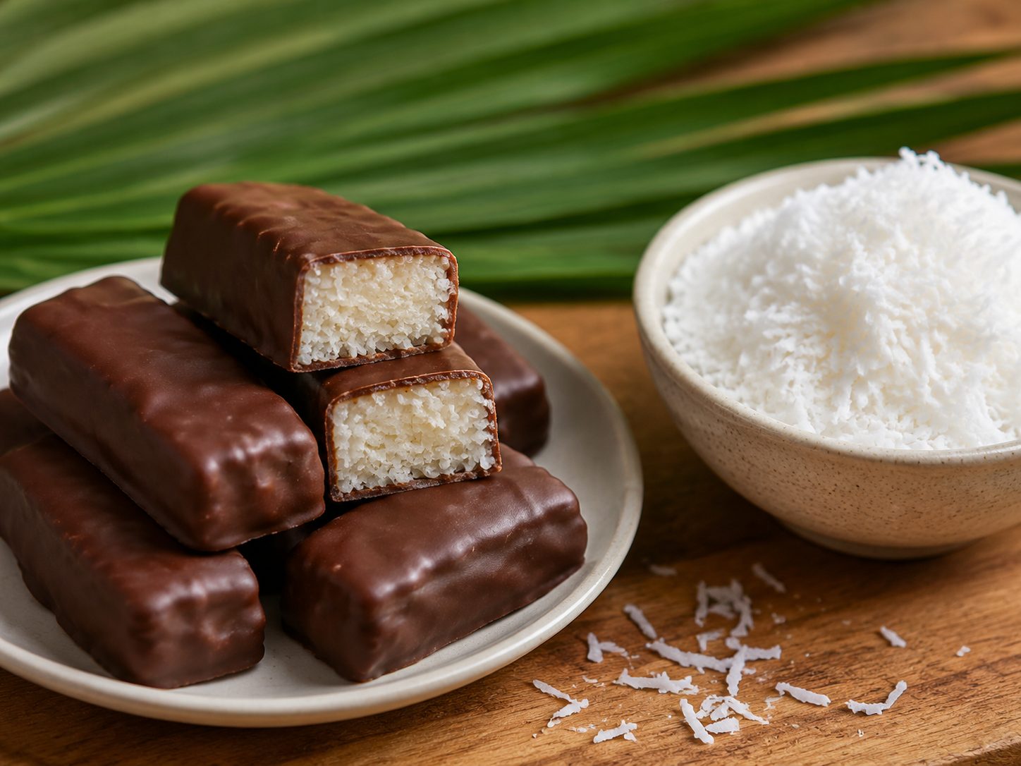 Plate of dark chocolate coconut bars next to a bowl of shredded coconut