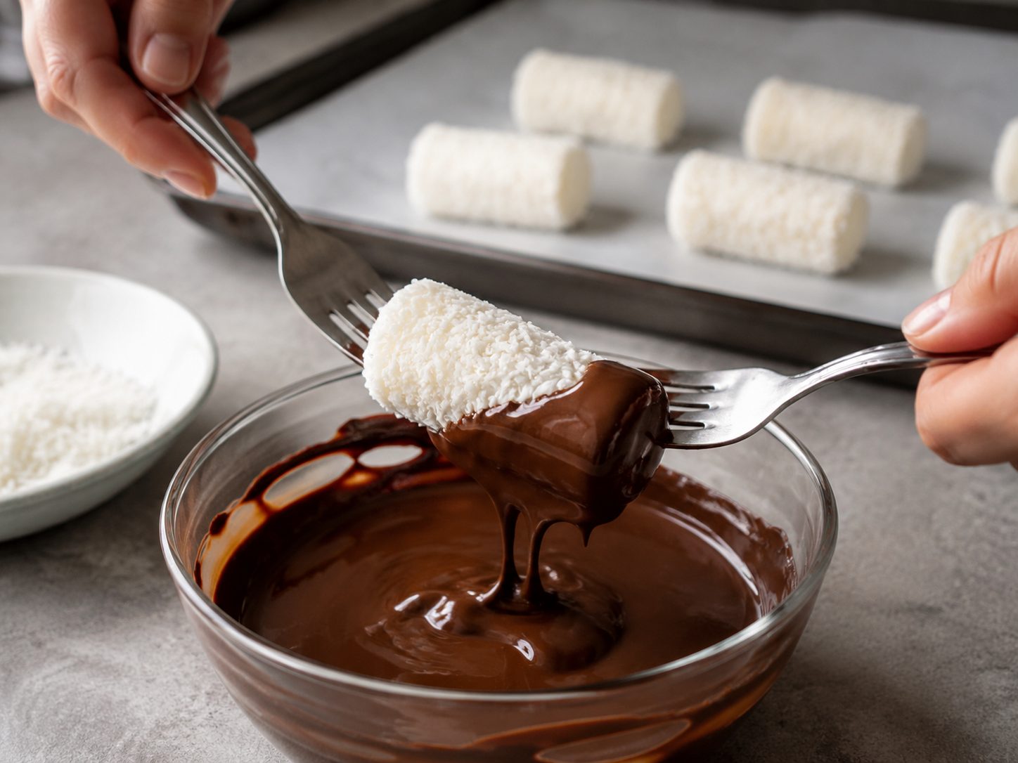 Hands using forks to dip a chilled coconut log into melted dark chocolate