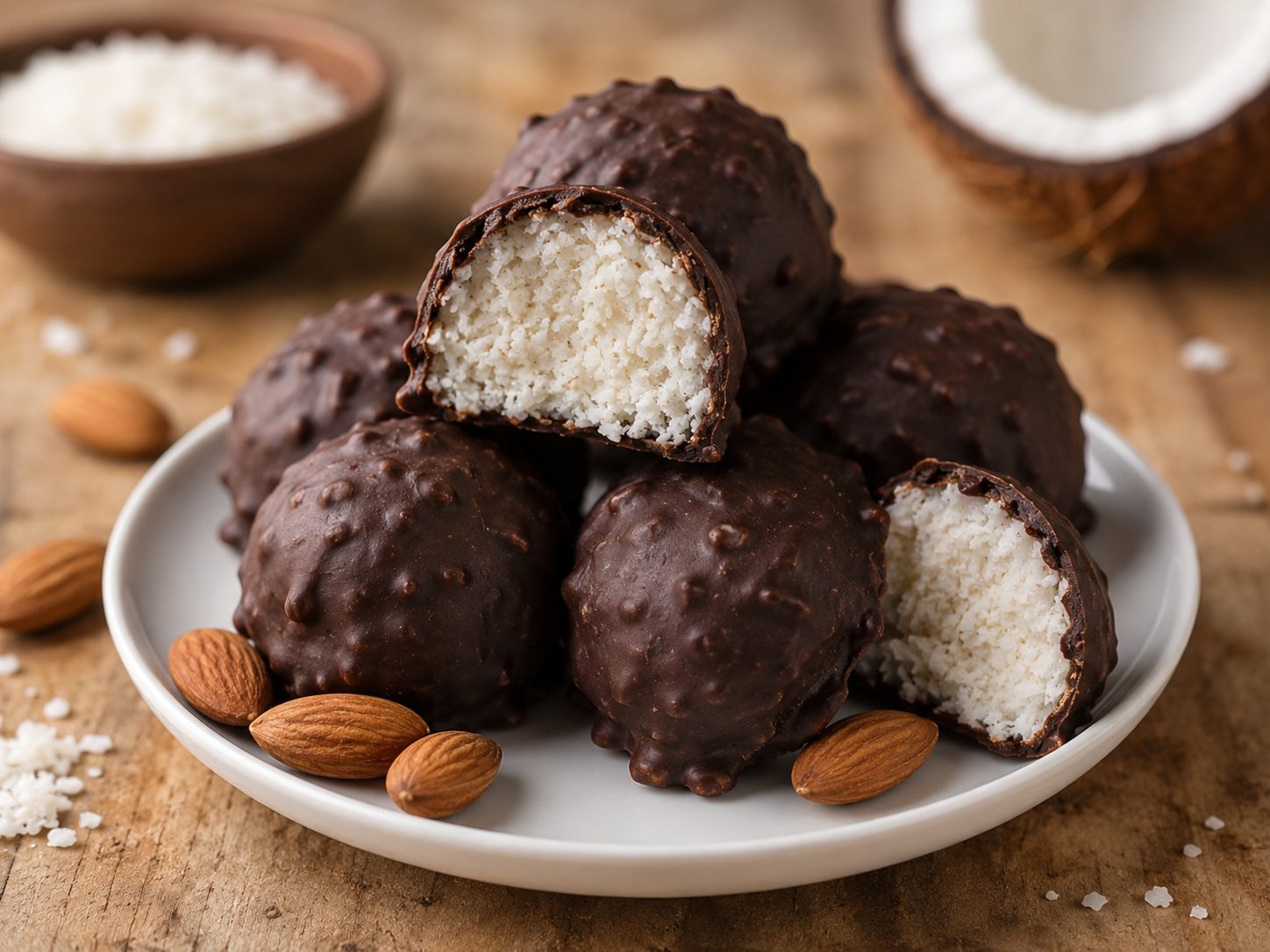 3-Ingredient Mounds Bites: No-Bake Coconut Candy You Roll and Dip 3 A plate of chocolate-covered coconut bites with one bite cut in half to show the coconut center