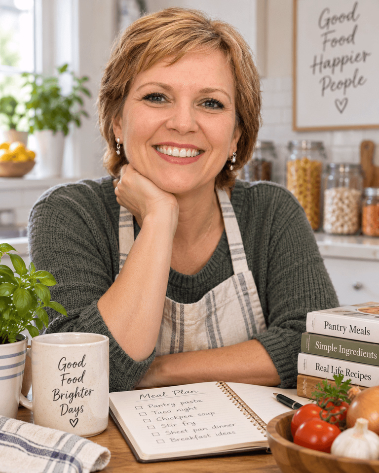 Illustration of Aisha Thompson with a meal plan, pantry cookbooks and ingredients