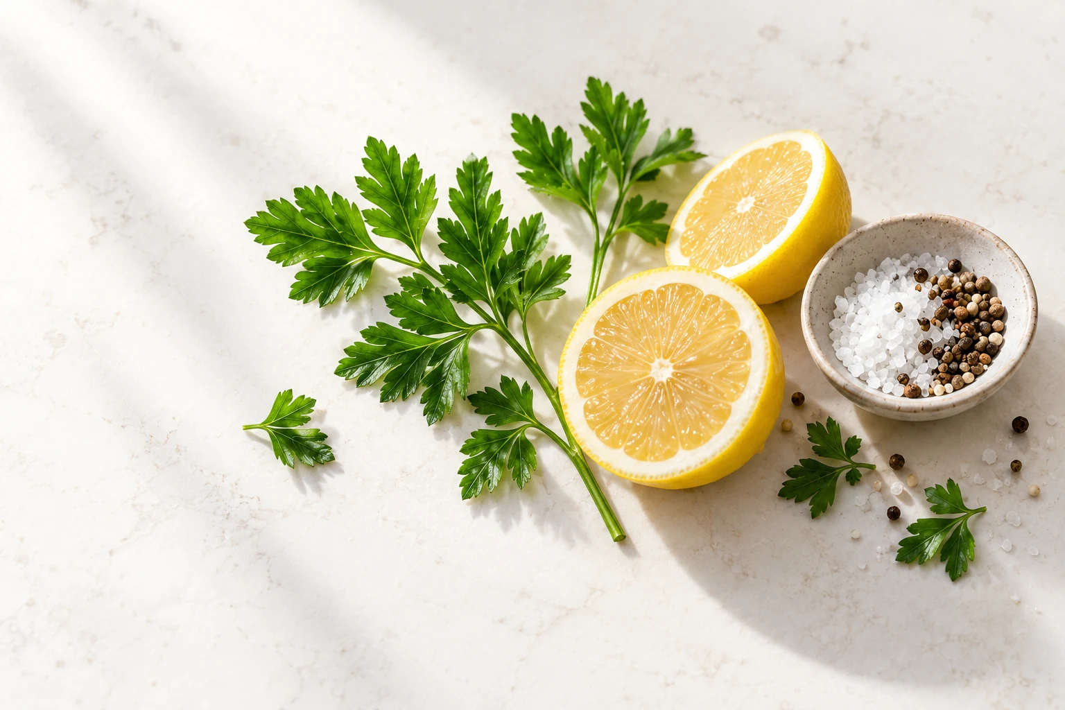 Home 2 Lemon and fresh herbs on a kitchen table